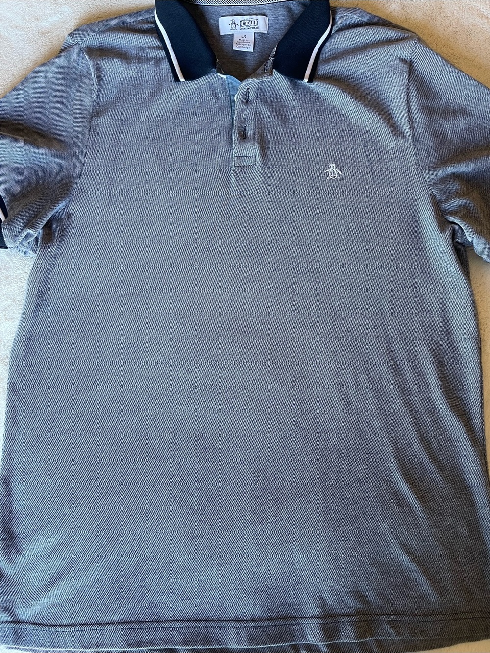 Original Penguin Grey Polo with Navy Contrast Collar